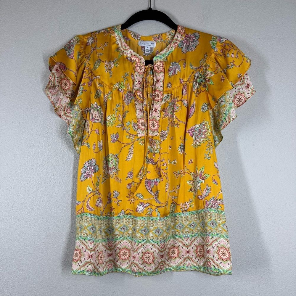 Anthropologie Current Air Blouse Border Printed Spit Neck Flutter Sleeve Top S